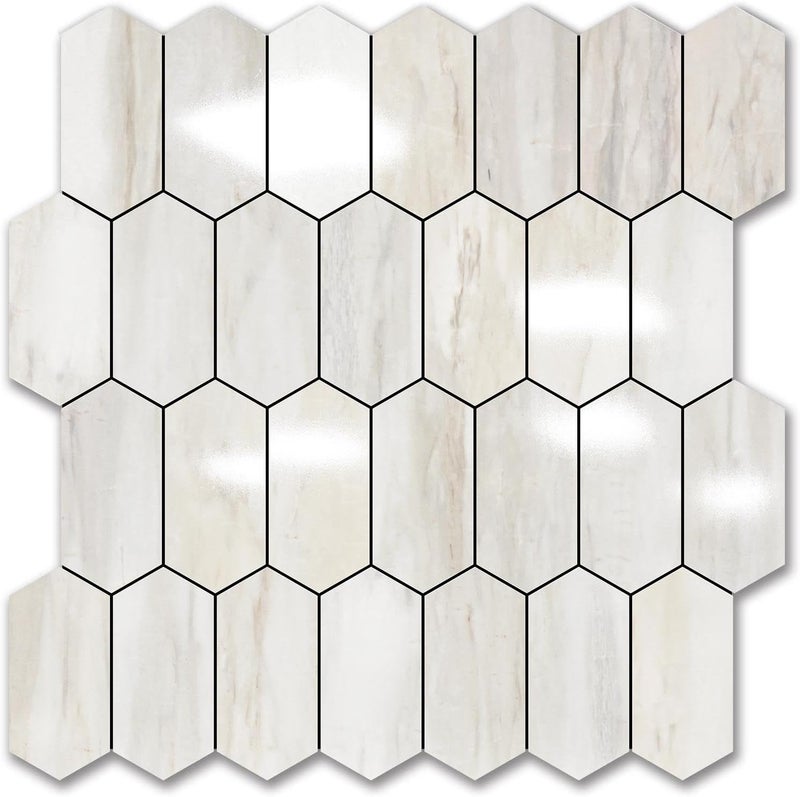 Vamos Tile Long Hexagon Peel and Stick Backsplash Tile - 1 Sheet Stick on Backsplash for Kitchen and Bathroom 12.4 x 12 Inch Glossy Wood Grain PVC Self Adhesive Mosaic Wall Tiles - Image 1